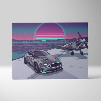 Ford Mustang Inspired Blue Purple Canvas Wall Art, Vaporwave Neon City Garage Decor, Moody Futuristic Muscle Car Artwork