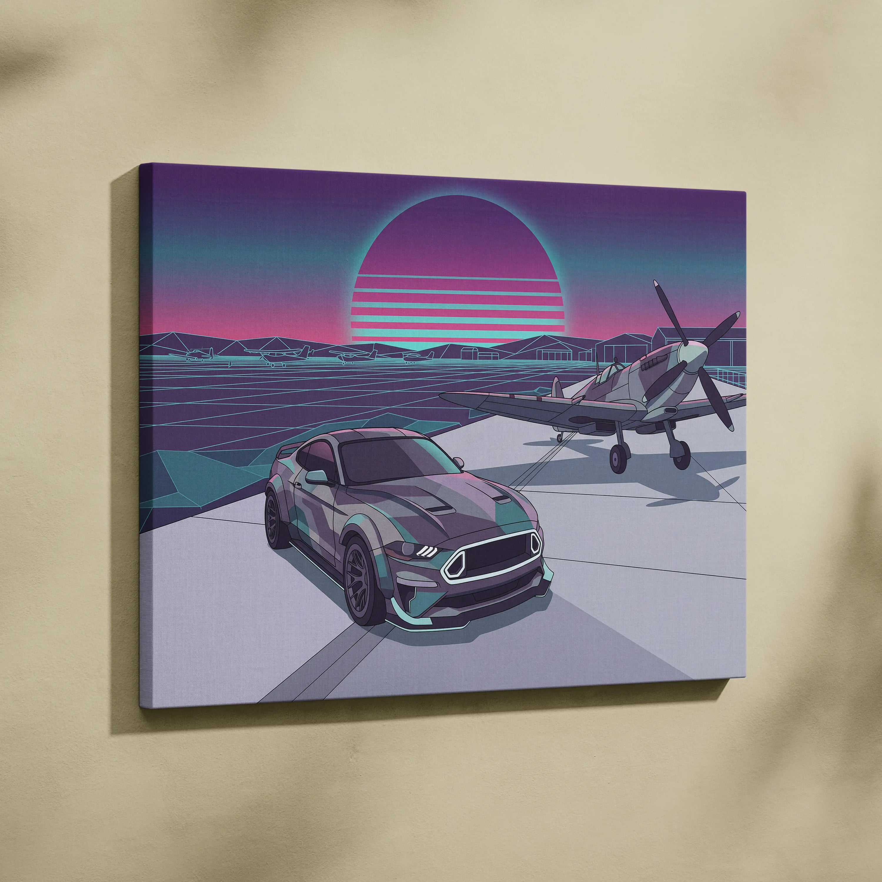 Ford Mustang Inspired Blue Purple Canvas Wall Art, Vaporwave Neon City Garage Decor, Moody Futuristic Muscle Car Artwork