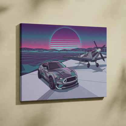 Ford Mustang Inspired Blue Purple Canvas Wall Art, Vaporwave Neon City Garage Decor, Moody Futuristic Muscle Car Artwork
