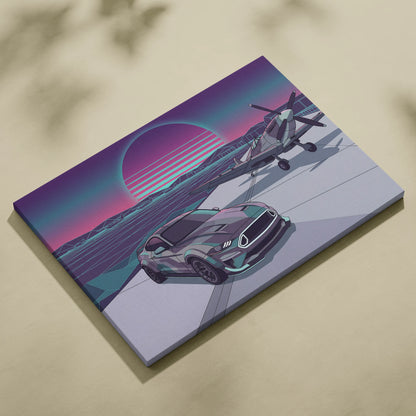 Ford Mustang Inspired Blue Purple Canvas Wall Art, Vaporwave Neon City Garage Decor, Moody Futuristic Muscle Car Artwork