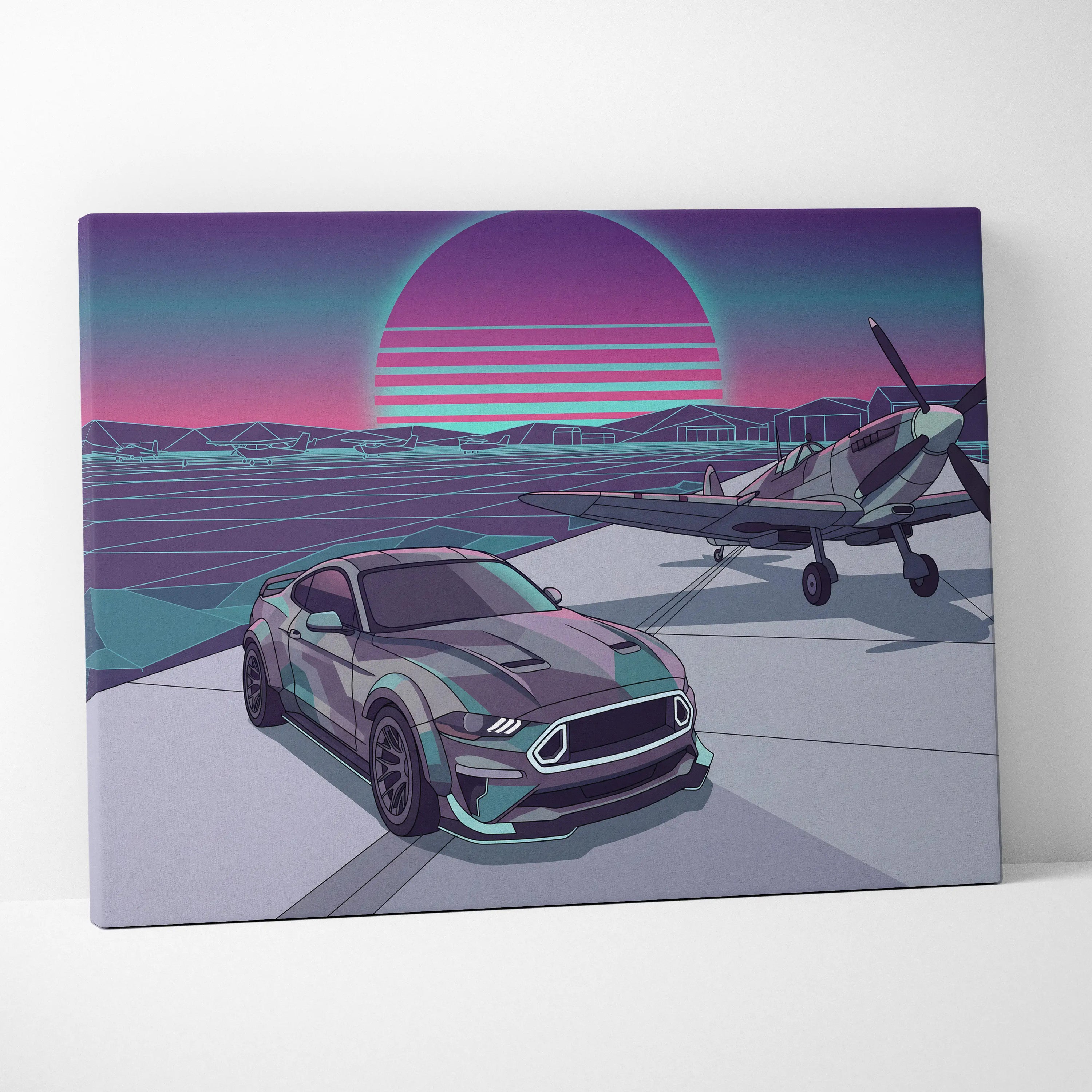 Ford Mustang Inspired Blue Purple Canvas Wall Art, Vaporwave Neon City Garage Decor, Moody Futuristic Muscle Car Artwork