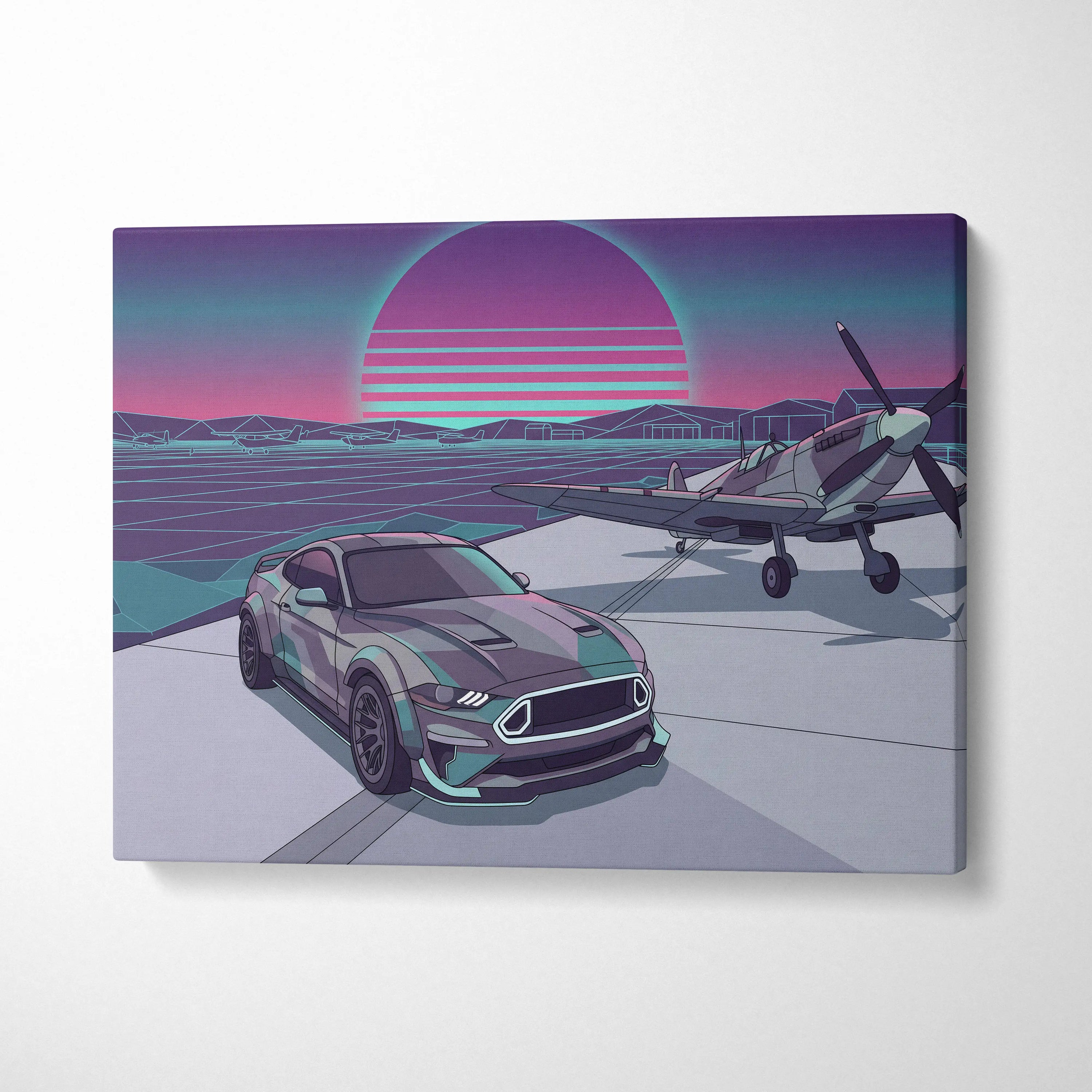 Ford Mustang Inspired Blue Purple Canvas Wall Art, Vaporwave Neon City Garage Decor, Moody Futuristic Muscle Car Artwork