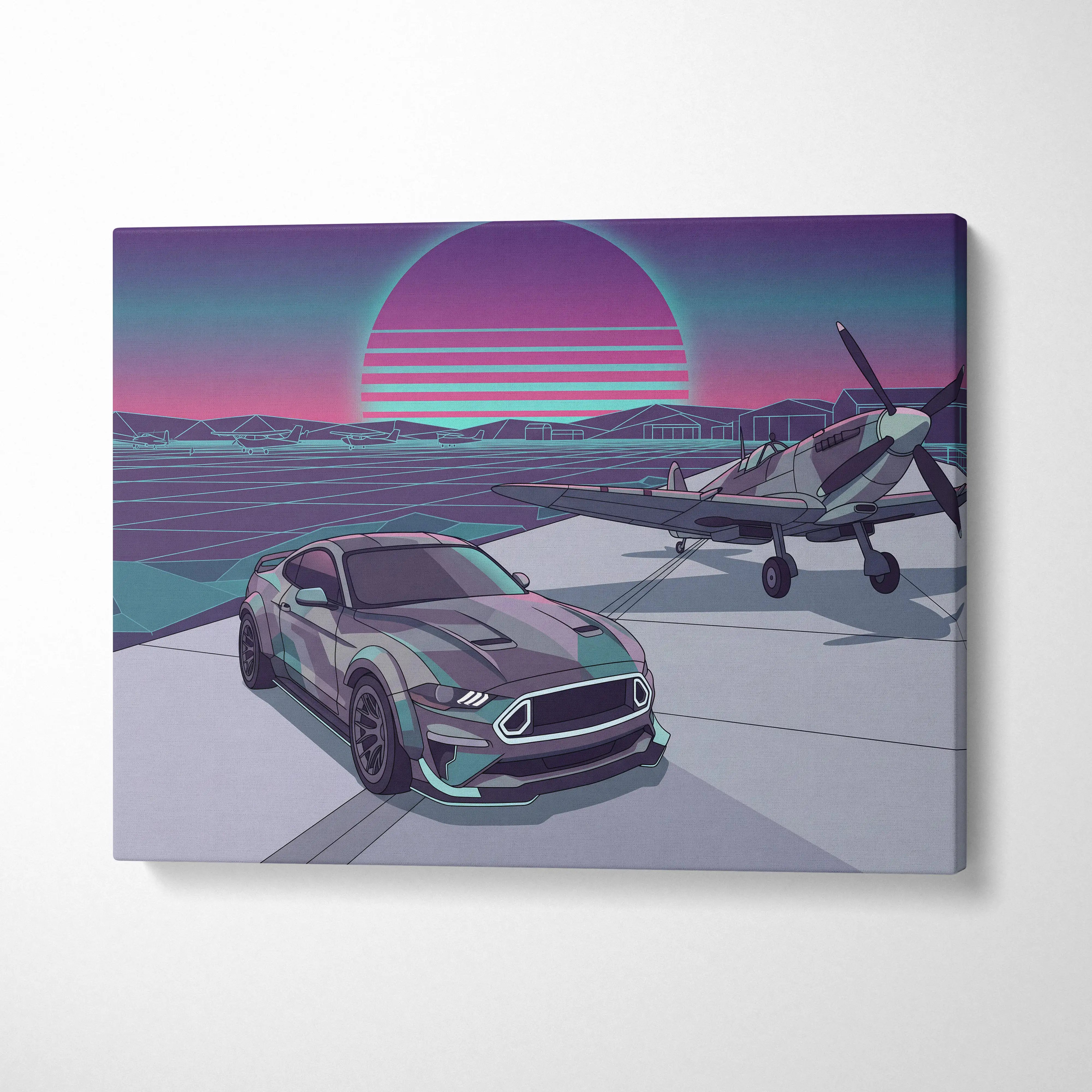 Ford Mustang Inspired Blue Purple Canvas Wall Art, Vaporwave Neon City Garage Decor, Moody Futuristic Muscle Car Artwork