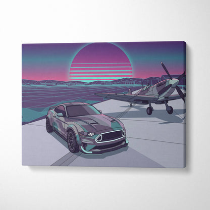 Ford Mustang Inspired Blue Purple Canvas Wall Art, Vaporwave Neon City Garage Decor, Moody Futuristic Muscle Car Artwork