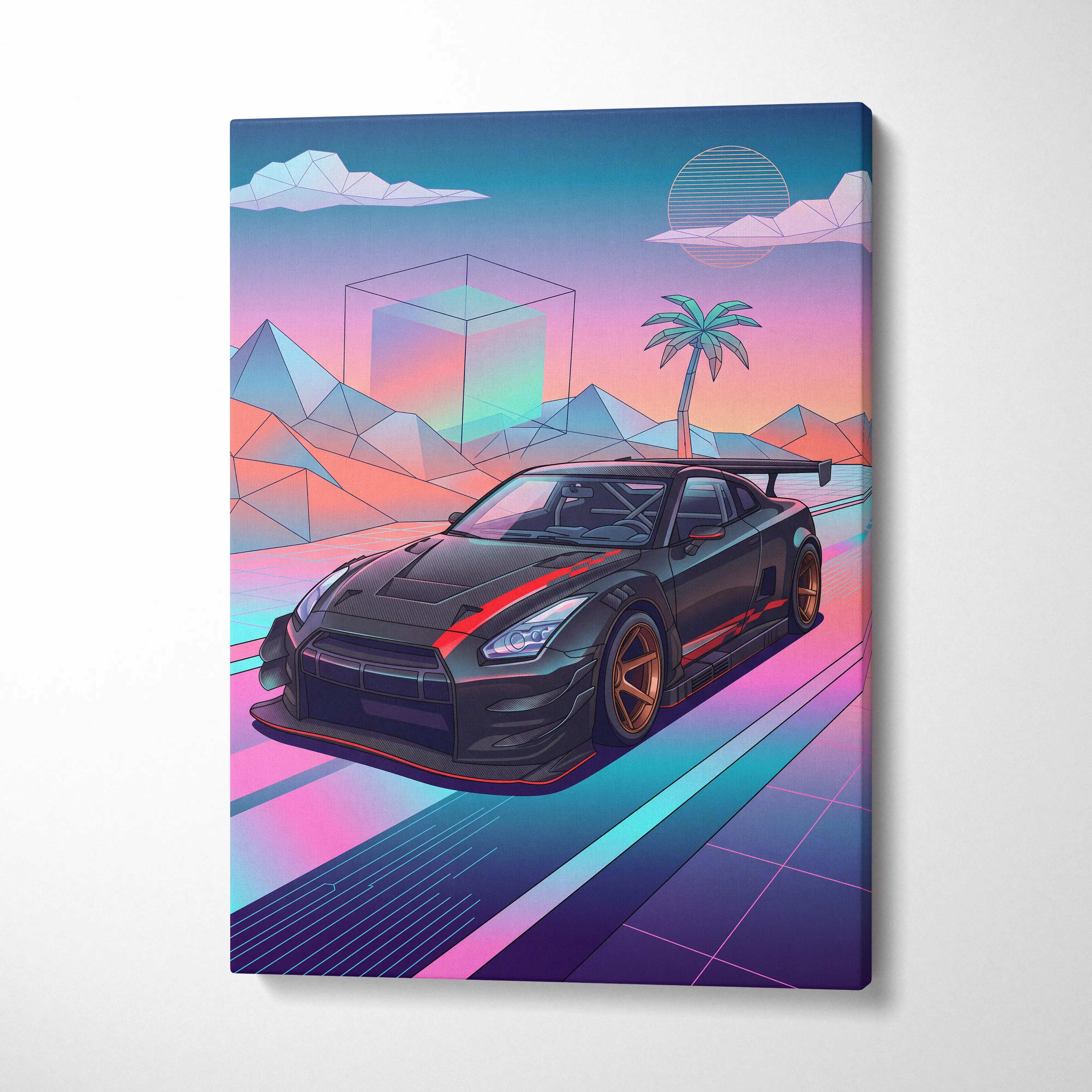 Nissan GT-R R35 Inspired Vaporwave Neon Drive Canvas - Car Art Neon Pink Blue For Living Room, Retro Futurism Canvas Print