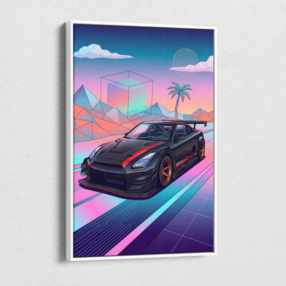 Nissan GT-R R35 Inspired Vaporwave Neon Drive Canvas - Car Art Neon Pink Blue For Living Room, Retro Futurism Canvas Print
