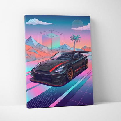 Nissan GT-R R35 Inspired Vaporwave Neon Drive Canvas - Car Art Neon Pink Blue For Living Room, Retro Futurism Canvas Print