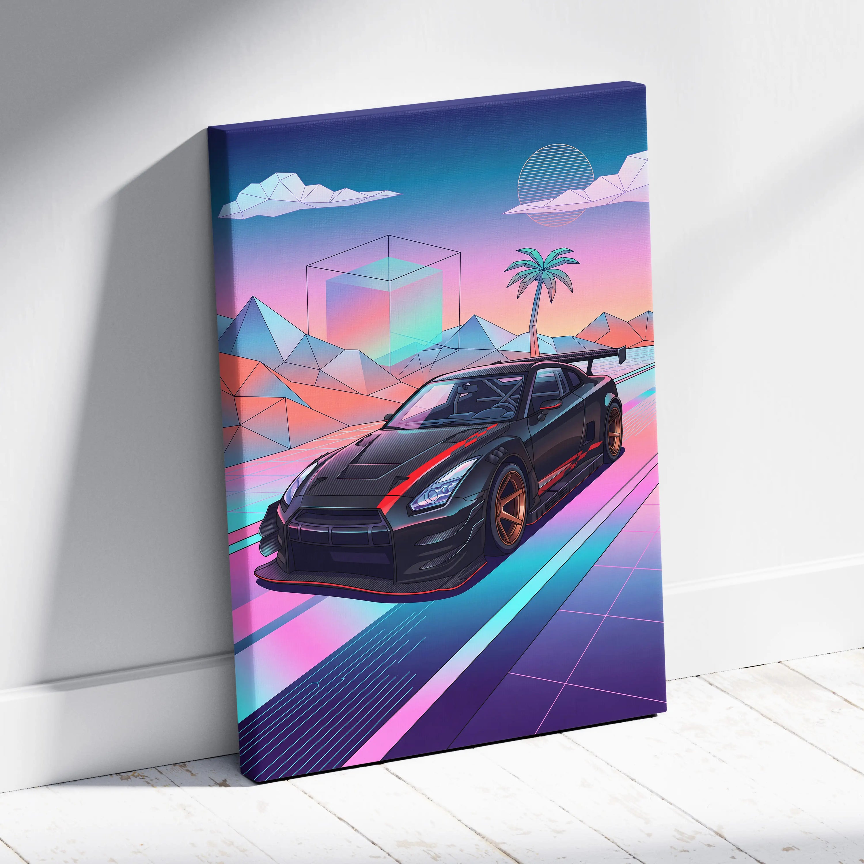Nissan GT-R R35 Inspired Vaporwave Neon Drive Canvas - Car Art Neon Pink Blue For Living Room, Retro Futurism Canvas Print