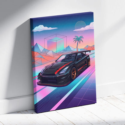 Nissan GT-R R35 Inspired Vaporwave Neon Drive Canvas - Car Art Neon Pink Blue For Living Room, Retro Futurism Canvas Print