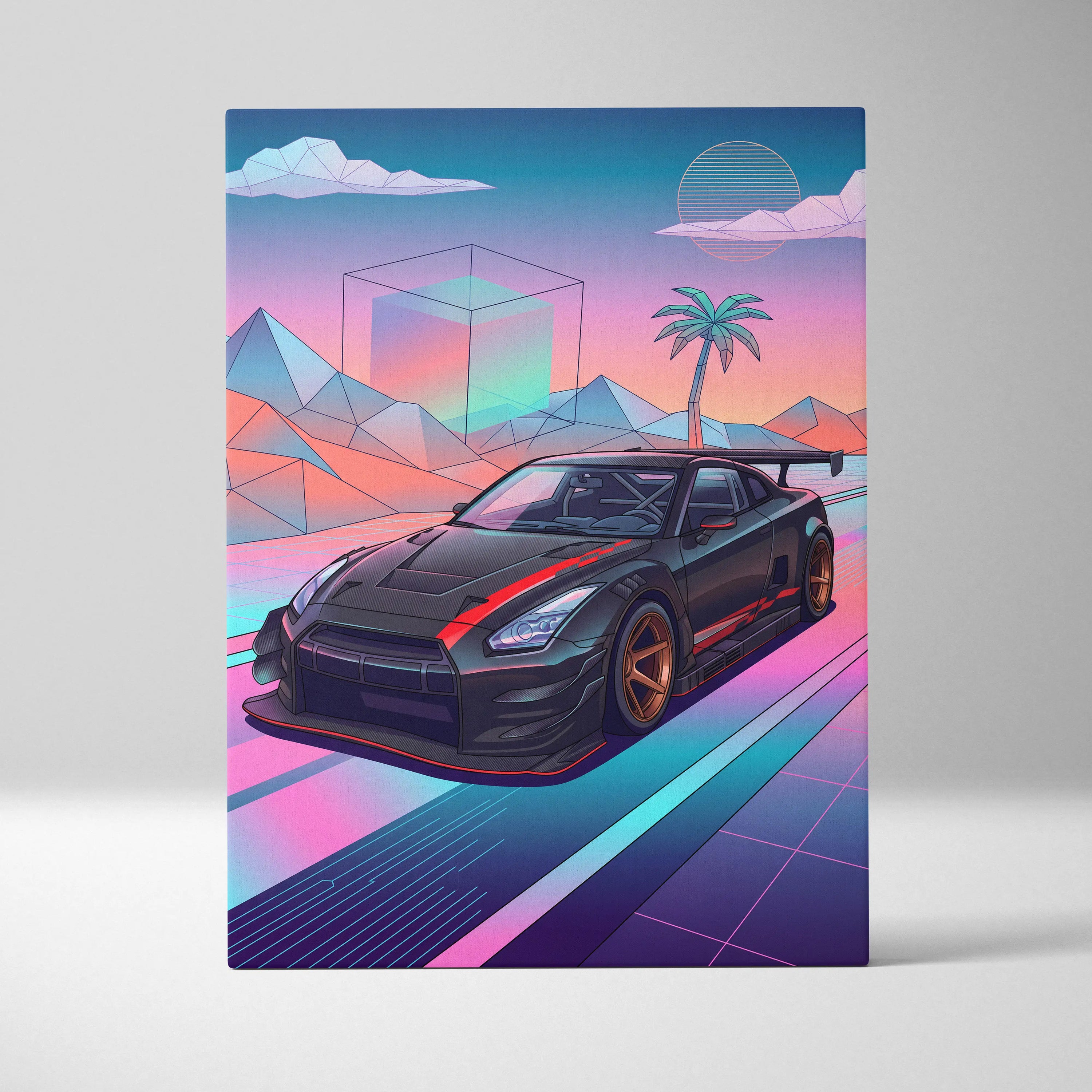 Nissan GT-R R35 Inspired Vaporwave Neon Drive Canvas - Car Art Neon Pink Blue For Living Room, Retro Futurism Canvas Print