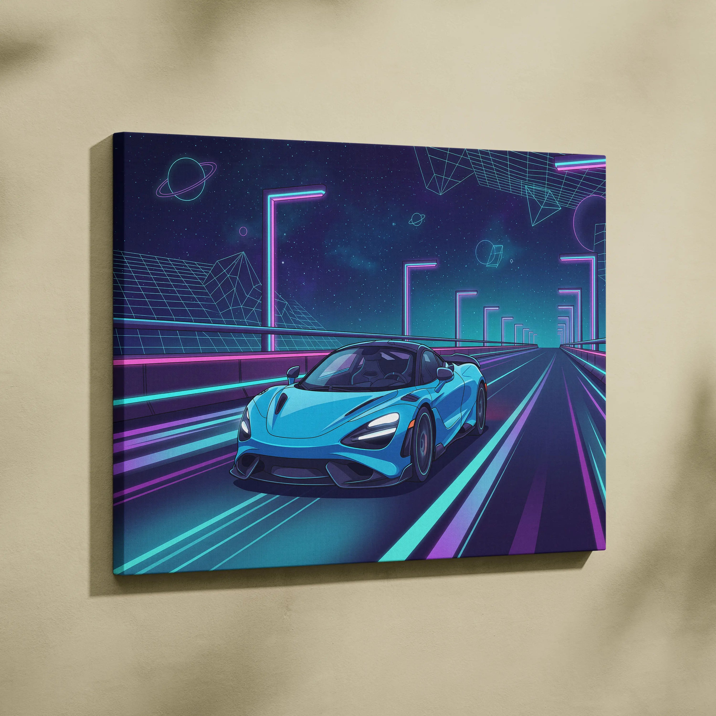 McLaren 765LT Inspired Neon Vaporwave Canvas - Car Art Neon Blue Pink Living Room Modern Vaporwave