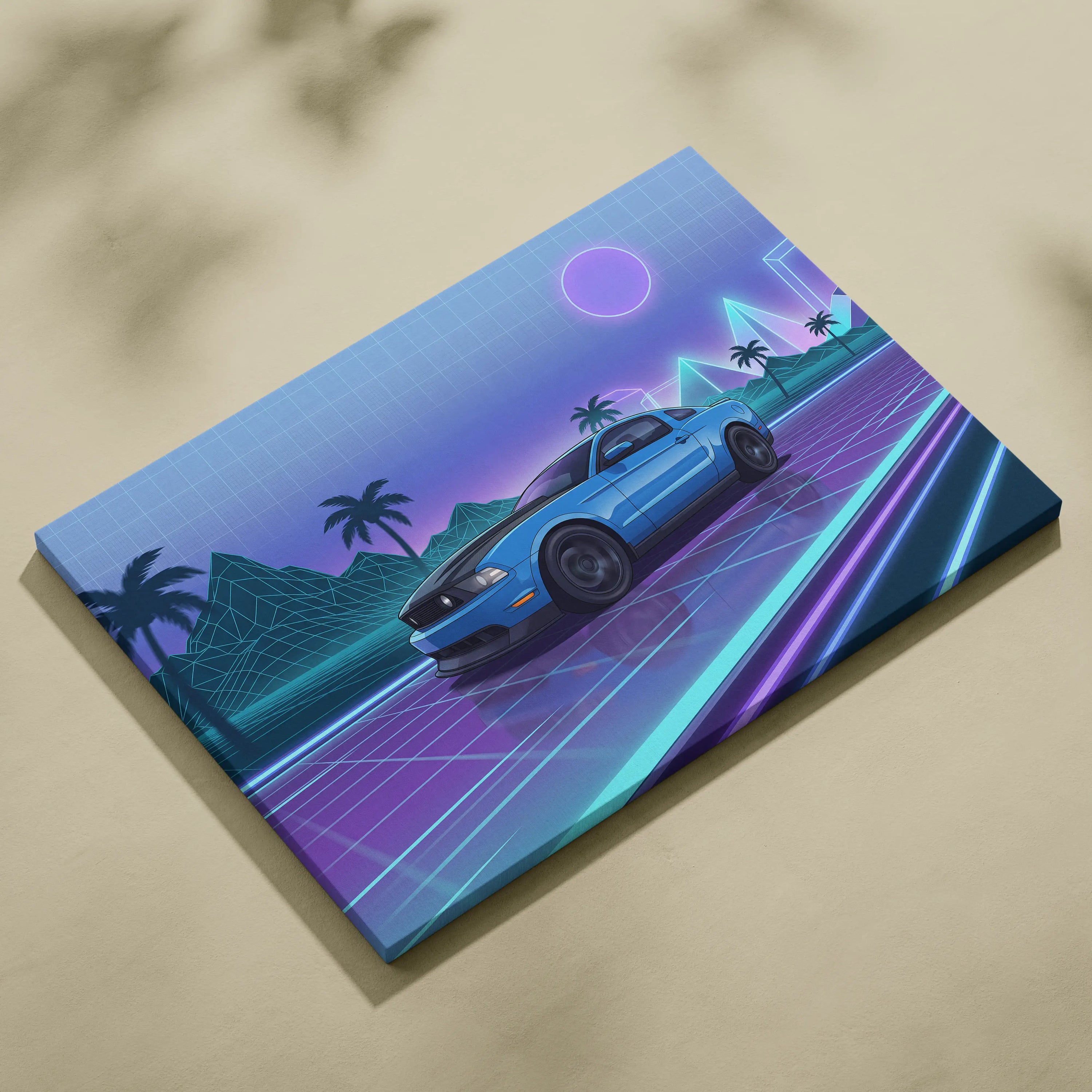 Ford Mustang Inspired Vaporwave Neon Sunset Canvas - Car Art Blue Purple Living Room Vaporwave Mood Retro Futurist Canvas