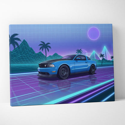 Ford Mustang Inspired Vaporwave Neon Sunset Canvas - Car Art Blue Purple Living Room Vaporwave Mood Retro Futurist Canvas
