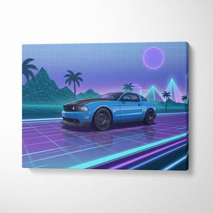 Ford Mustang Inspired Vaporwave Neon Sunset Canvas - Car Art Blue Purple Living Room Vaporwave Mood Retro Futurist Canvas