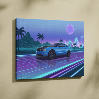 Ford Mustang Inspired Vaporwave Neon Sunset Canvas - Car Art Blue Purple Living Room Vaporwave Mood Retro Futurist Canvas