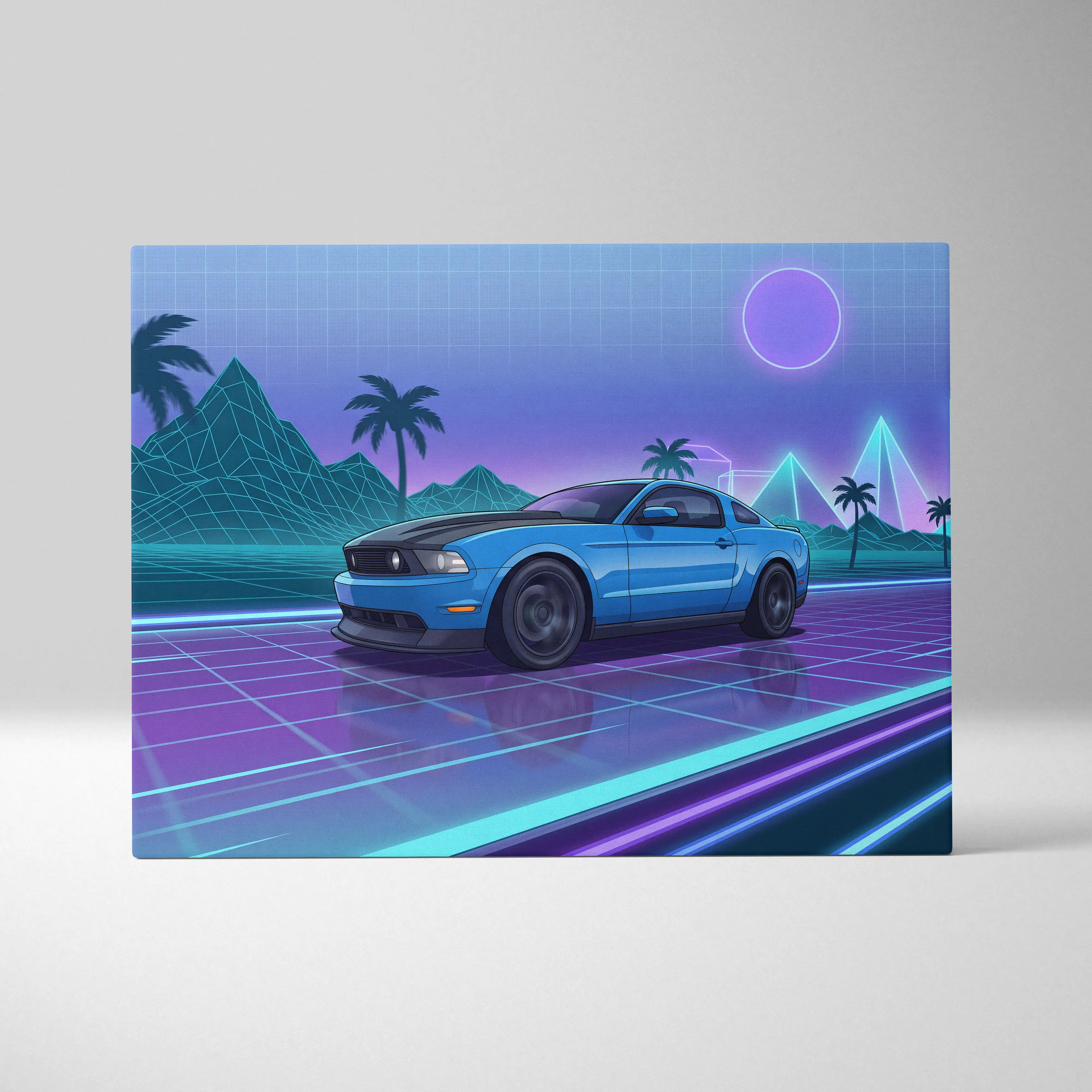 A vibrant blue ford mustang sports car with a black hood in retro-futuristic digital art on canvas for vaporwave decor