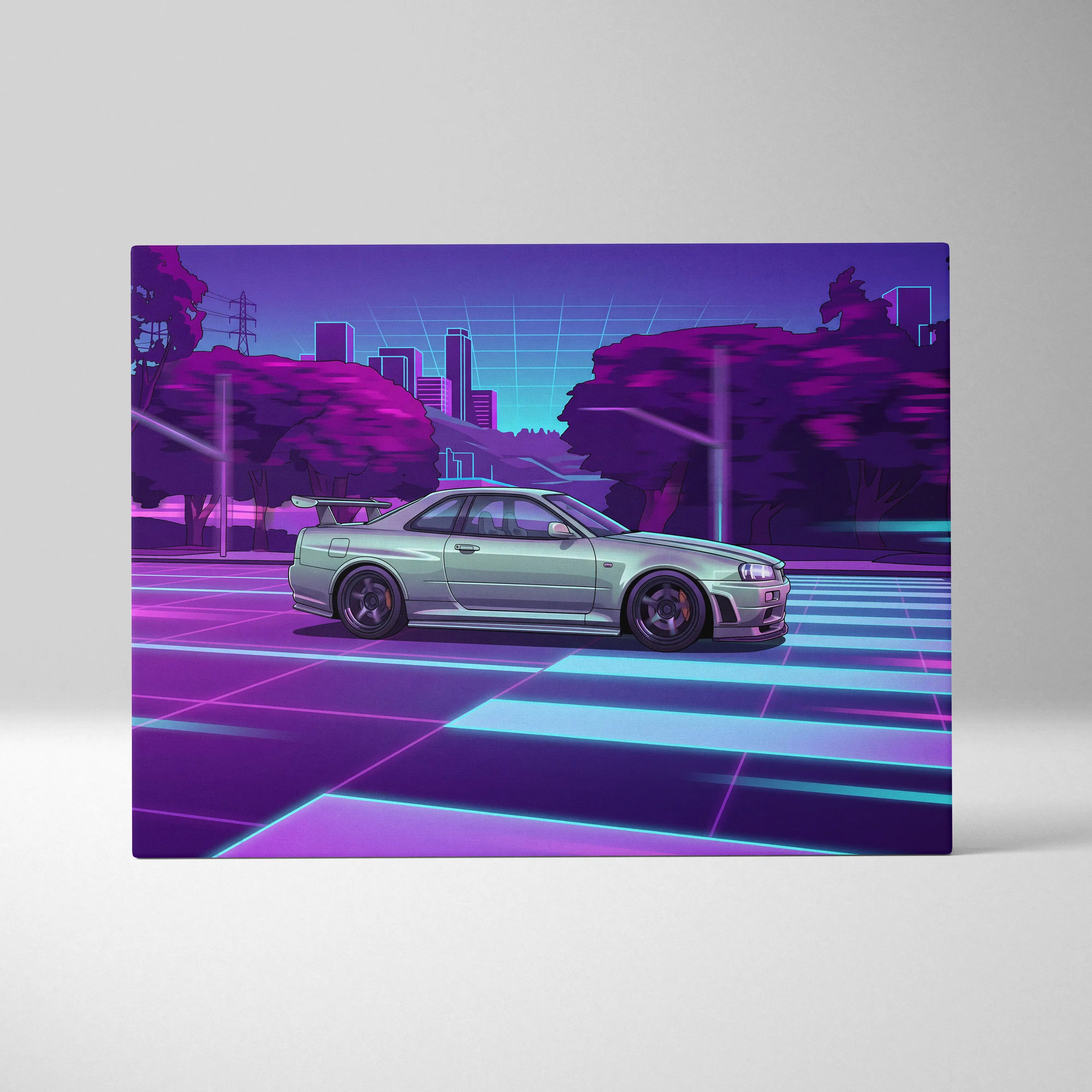 Nissan R34 GTR Inspired Neon Skyline Vaporwave Canvas - Auto Art Neon Purple Pink Room Vaporwave Nostalgic Mood
