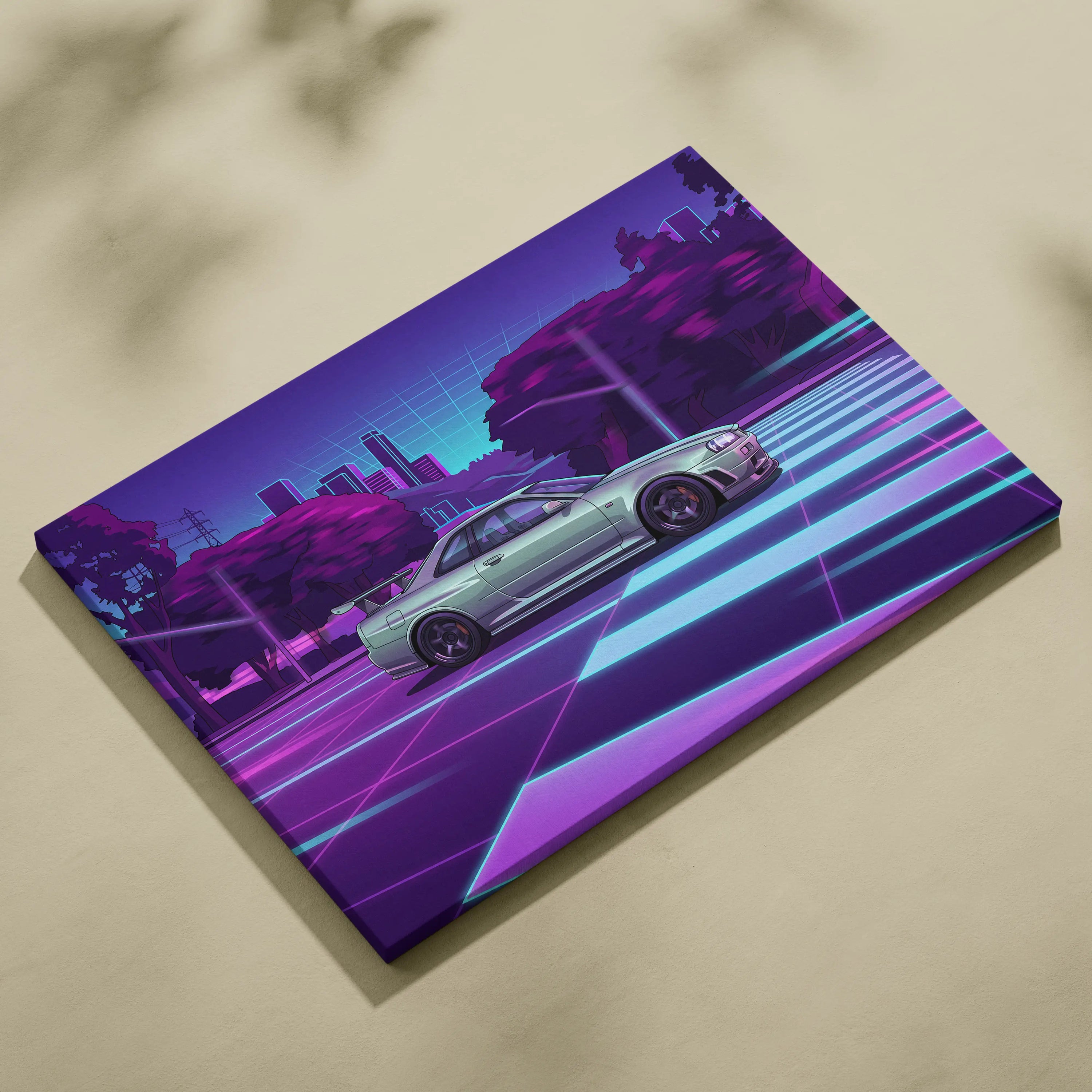 Nissan R34 GTR Inspired Neon Skyline Vaporwave Canvas - Auto Art Neon Purple Pink Room Vaporwave Nostalgic Mood