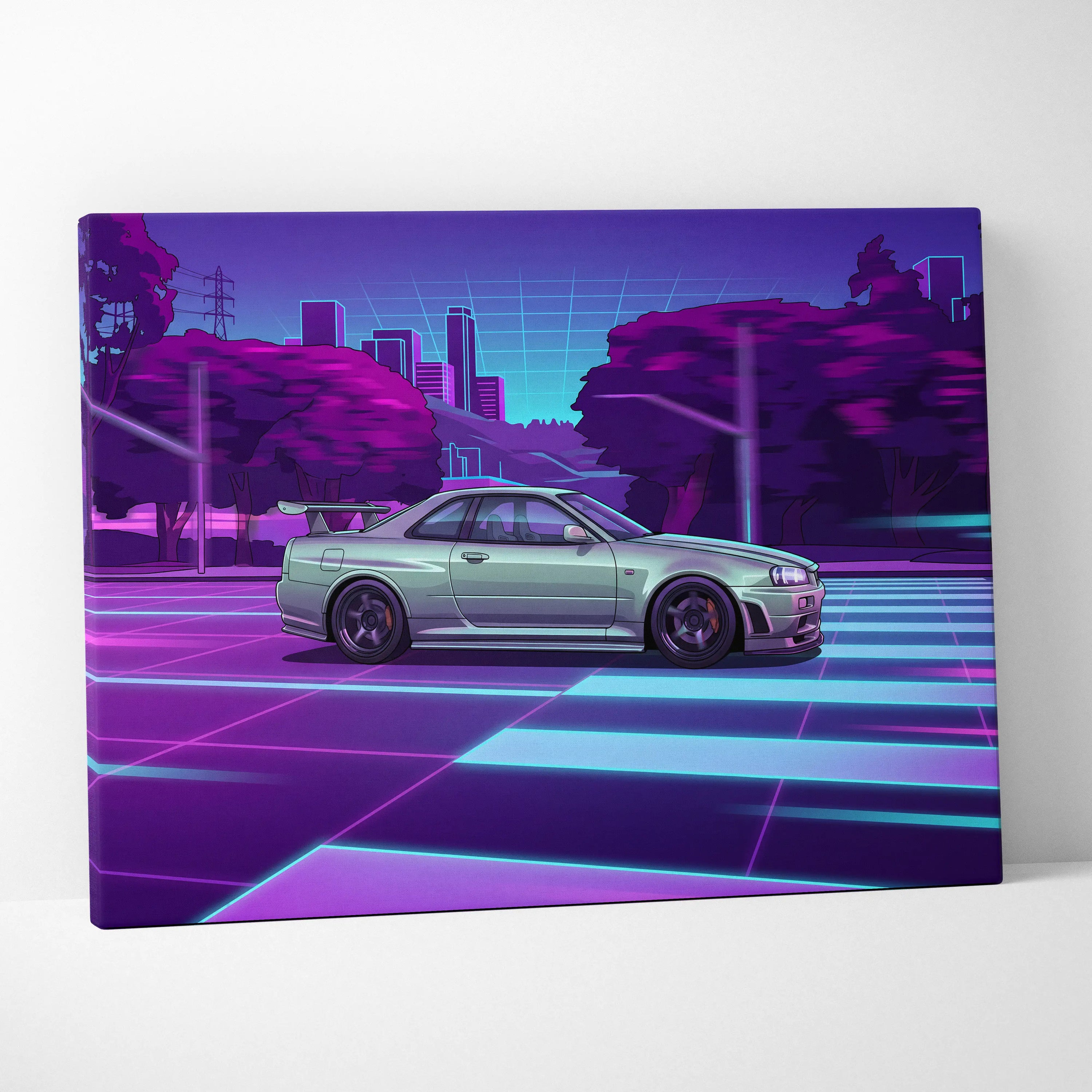 Nissan R34 GTR Inspired Neon Skyline Vaporwave Canvas - Auto Art Neon Purple Pink Room Vaporwave Nostalgic Mood