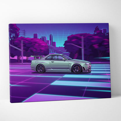 Nissan R34 GTR Inspired Neon Skyline Vaporwave Canvas - Auto Art Neon Purple Pink Room Vaporwave Nostalgic Mood