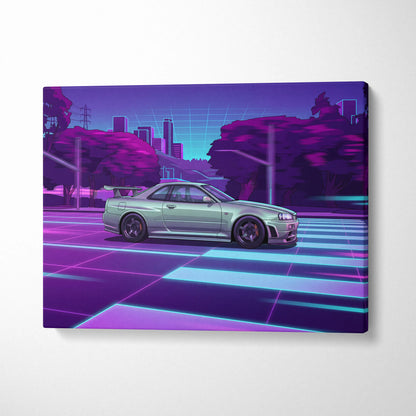 Nissan R34 GTR Inspired Neon Skyline Vaporwave Canvas - Auto Art Neon Purple Pink Room Vaporwave Nostalgic Mood