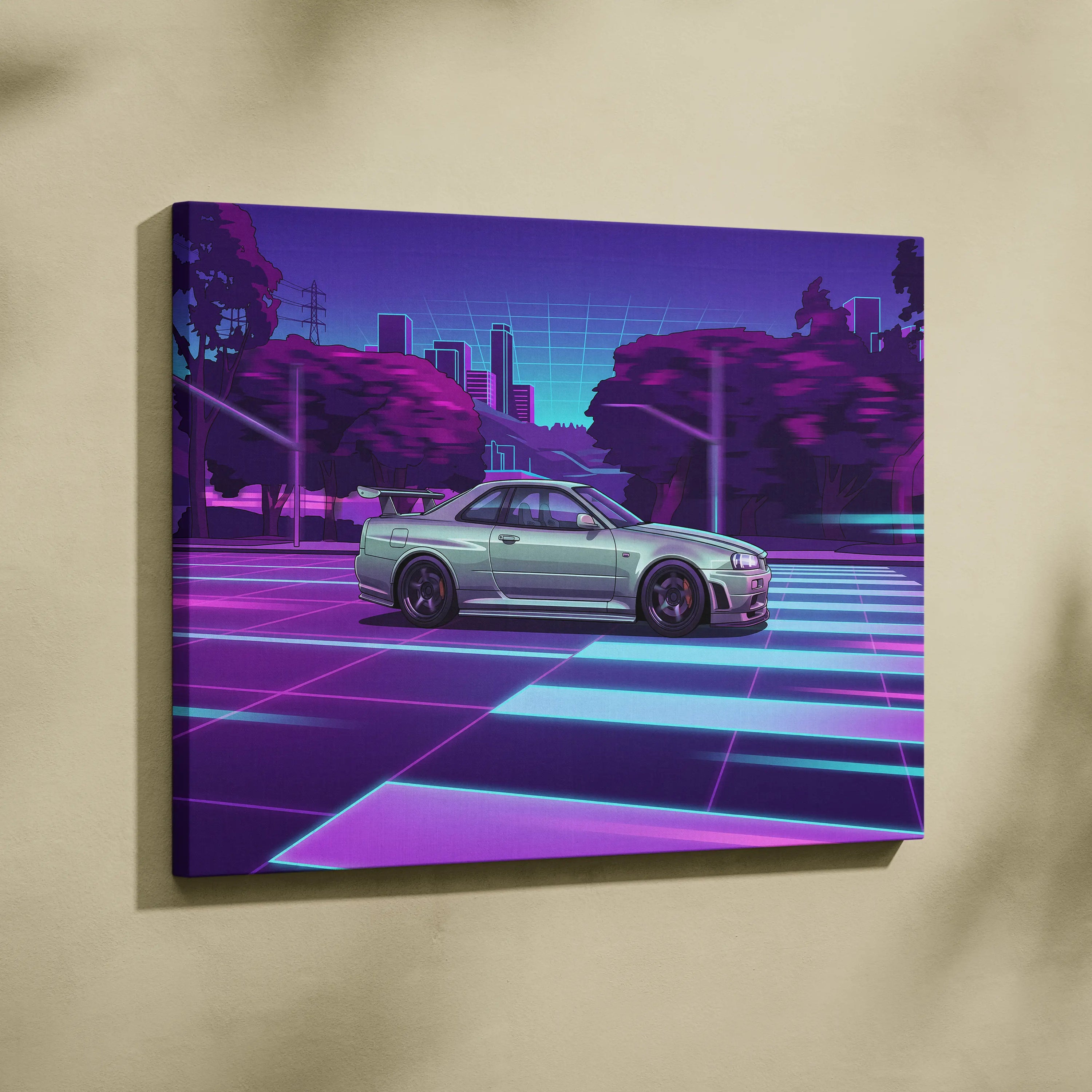 Nissan R34 GTR Inspired Neon Skyline Vaporwave Canvas - Auto Art Neon Purple Pink Room Vaporwave Nostalgic Mood
