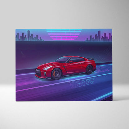 Nissan R35 GTR Inspired Neon Vaporwave Cityscape Canvas - Car Neon Blue Pink Purple Living Room Vaporwave Art
