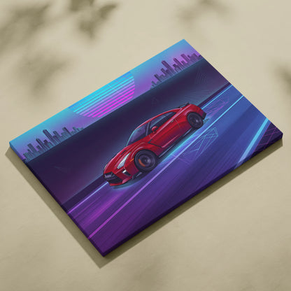 Nissan R35 GTR Inspired Neon Vaporwave Cityscape Canvas - Car Neon Blue Pink Purple Living Room Vaporwave Art