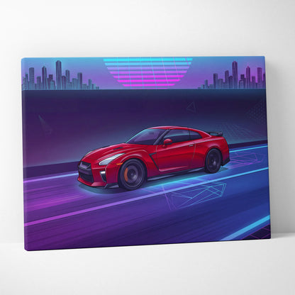Nissan R35 GTR Inspired Neon Vaporwave Cityscape Canvas - Car Neon Blue Pink Purple Living Room Vaporwave Art