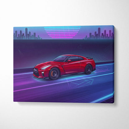 Nissan R35 GTR Inspired Neon Vaporwave Cityscape Canvas - Car Neon Blue Pink Purple Living Room Vaporwave Art