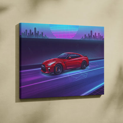 Nissan R35 GTR Inspired Neon Vaporwave Cityscape Canvas - Car Neon Blue Pink Purple Living Room Vaporwave Art