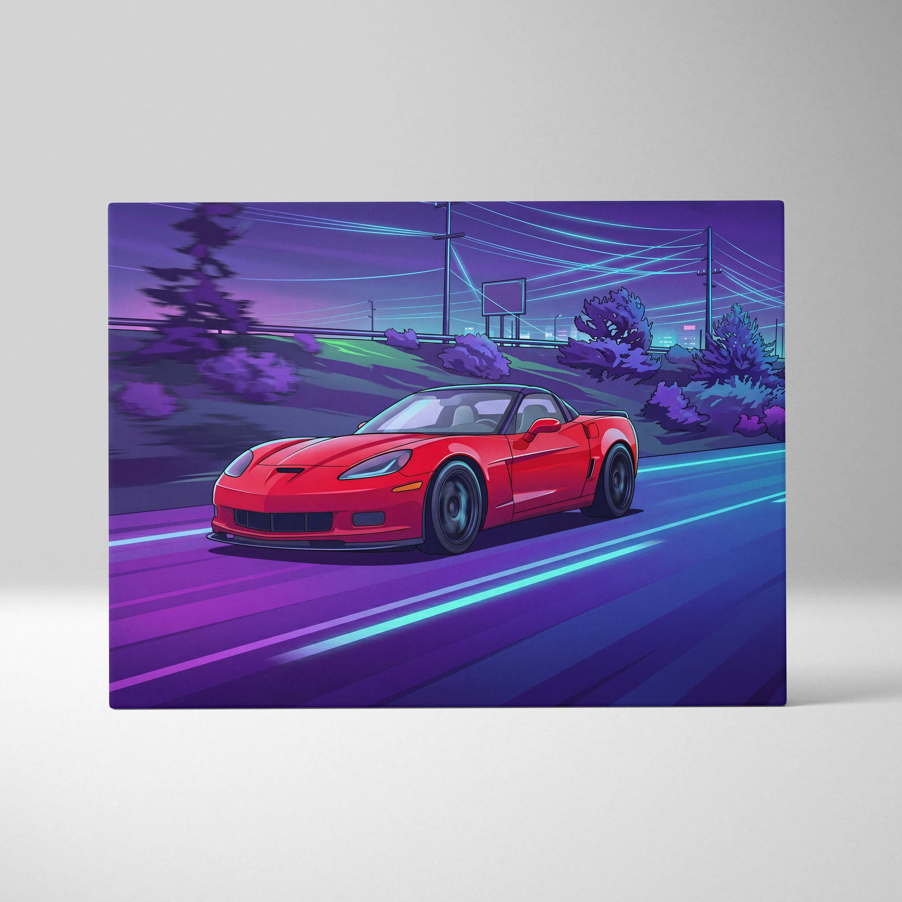 Chevrolet C6 Corvette Inspired, Neon Vaporwave Car Scene - Car Artwork Vaporwave Neon Purple Room Nostalgic Mood Canvas