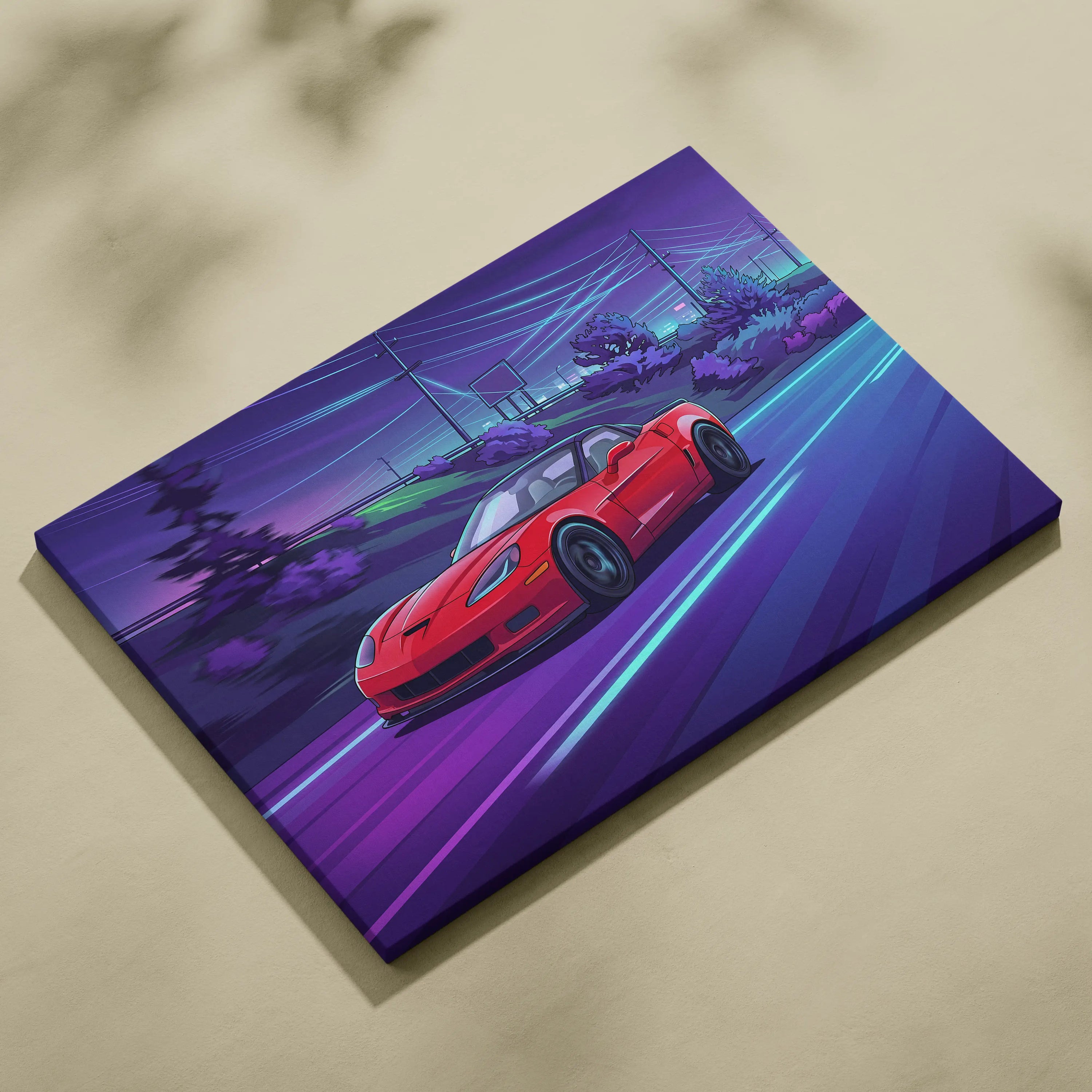 Chevrolet C6 Corvette Inspired, Neon Vaporwave Car Scene - Car Artwork Vaporwave Neon Purple Room Nostalgic Mood Canvas