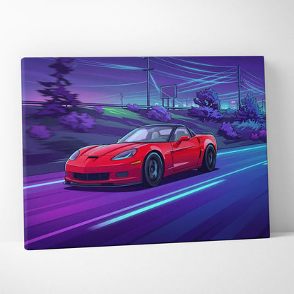Chevrolet C6 Corvette Inspired, Neon Vaporwave Car Scene - Car Artwork Vaporwave Neon Purple Room Nostalgic Mood Canvas