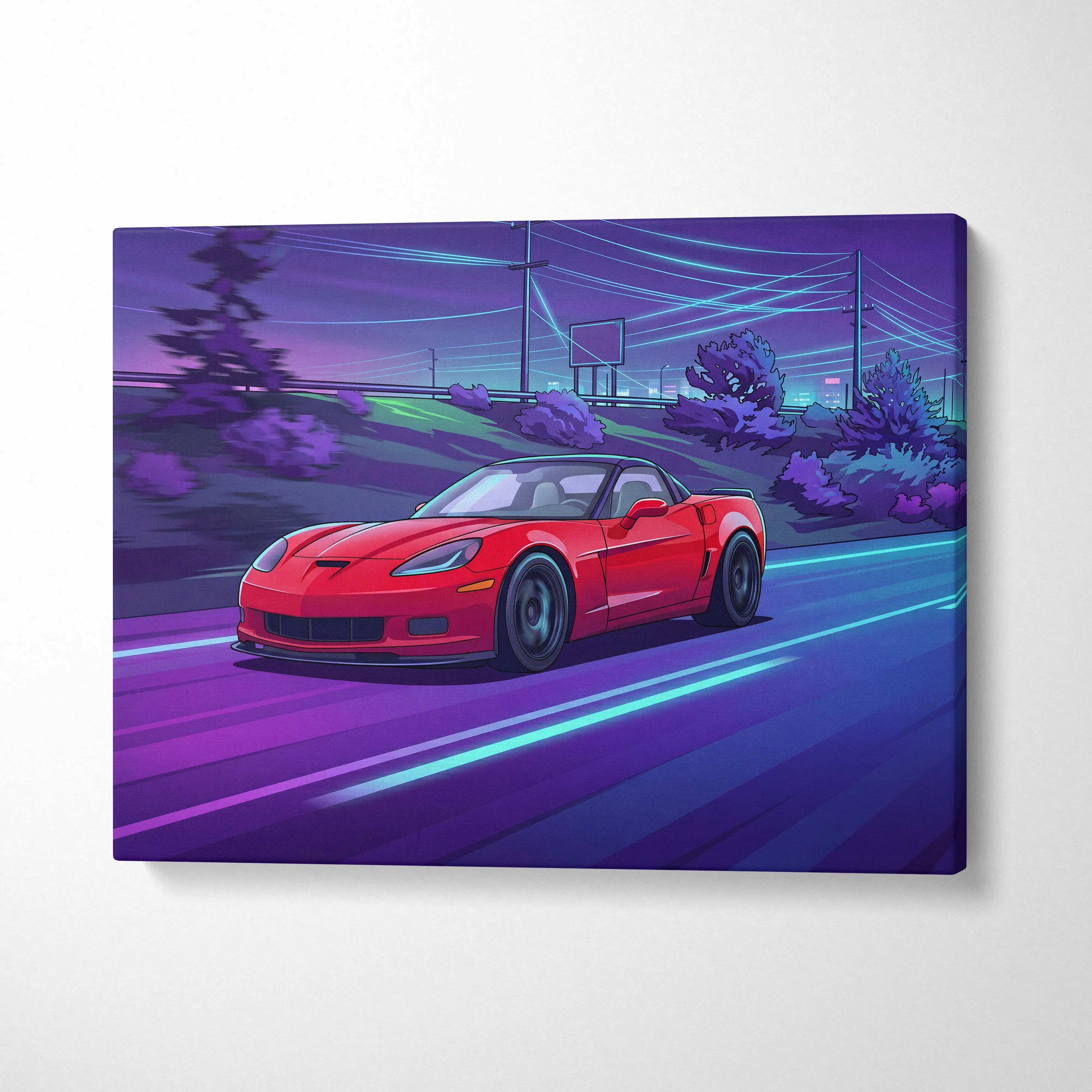 Stylized neon-lit canvas artwork of a vibrant red Chevrolet C6 Corvette in a purple vaporwave room setting