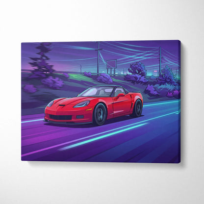 Chevrolet C6 Corvette Inspired, Neon Vaporwave Car Scene - Car Artwork Vaporwave Neon Purple Room Nostalgic Mood Canvas