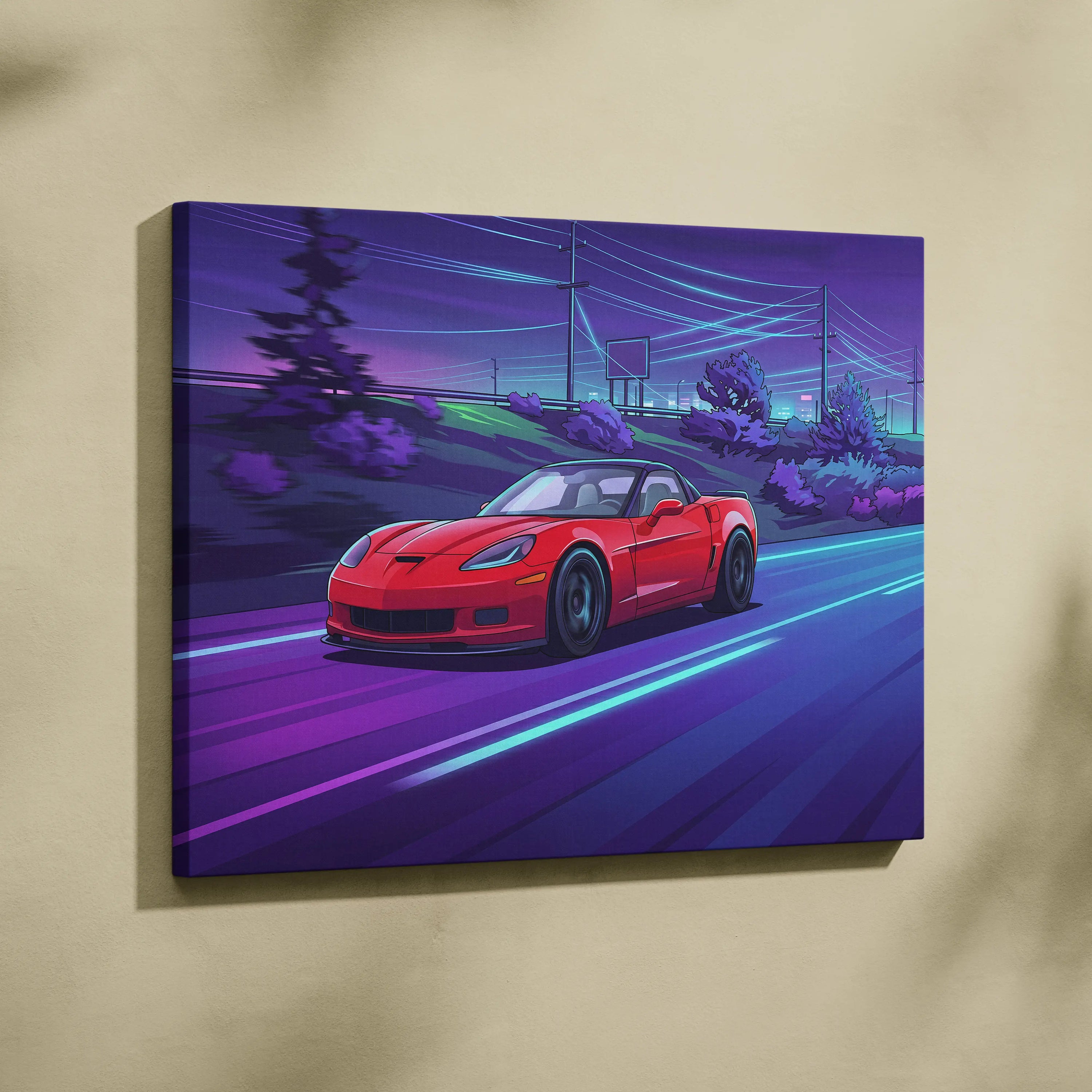 Chevrolet C6 Corvette Inspired, Neon Vaporwave Car Scene - Car Artwork Vaporwave Neon Purple Room Nostalgic Mood Canvas