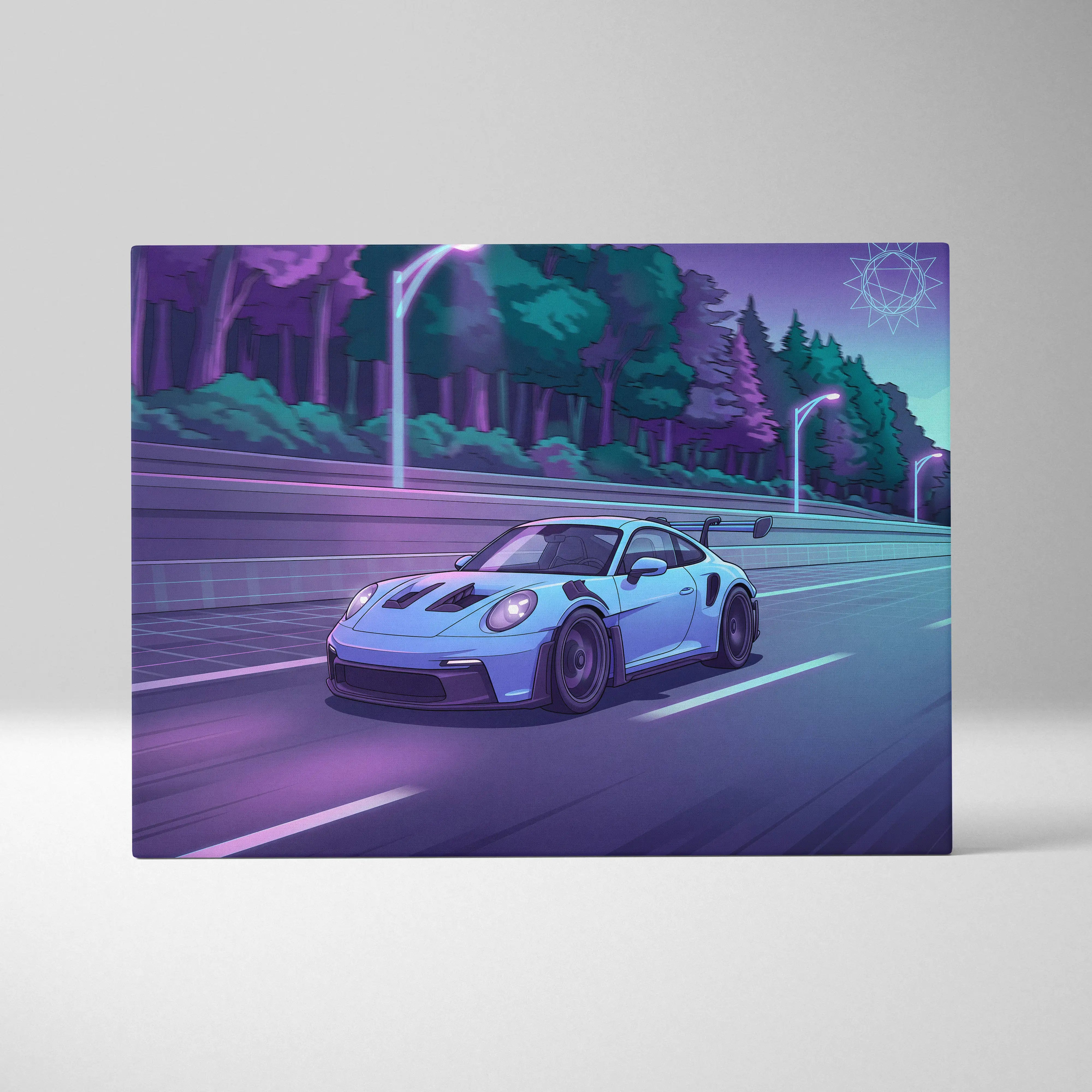 A sleek light blue porsche 911 gt3 sports car in a neon-lit vaporwave night scene with purple and teal tones