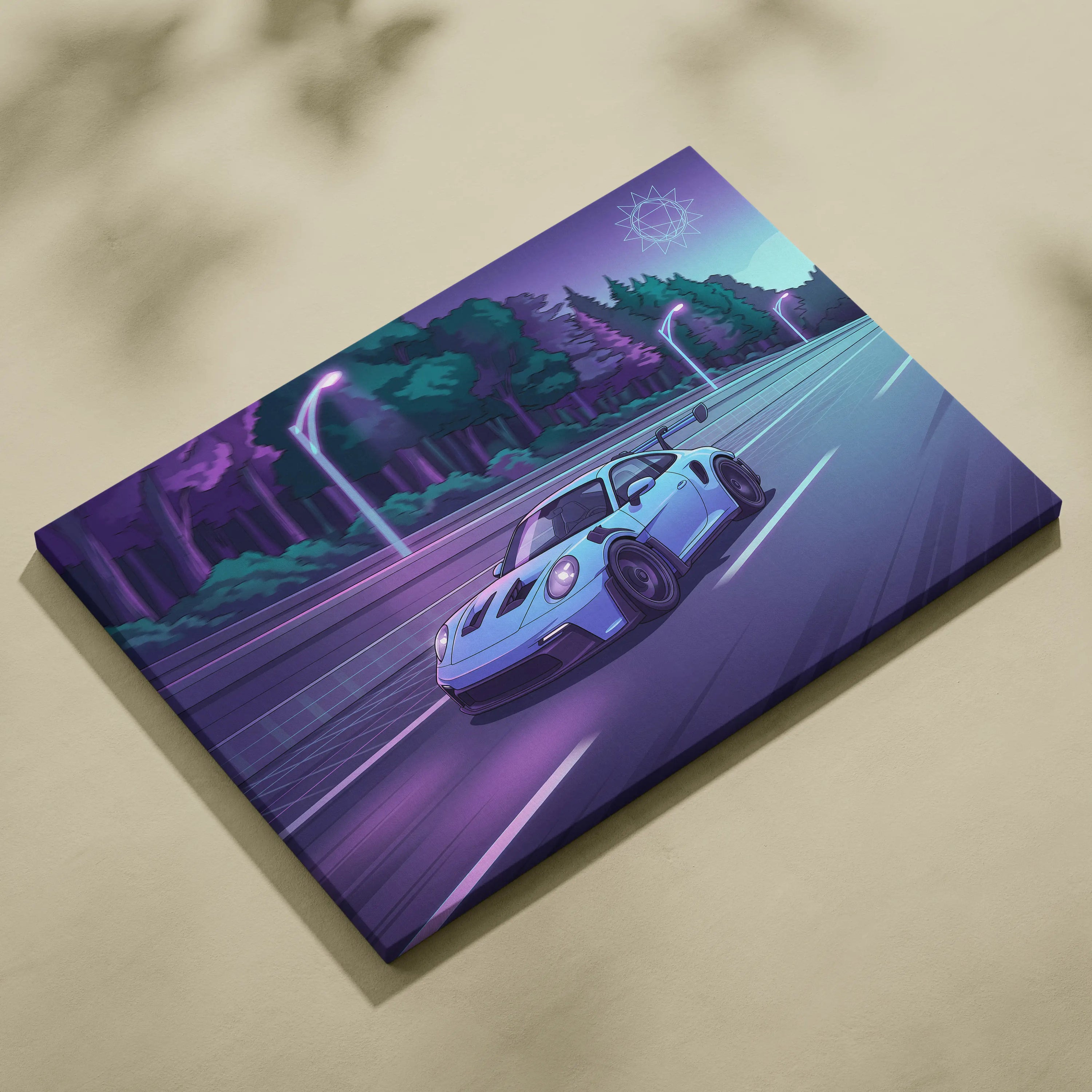 Porsche 911 GT3RS Inspired Neon Night Drive Vaporwave - Sports Car Neon Purple Teal Living Room Dreamy Mood Vaporwave Canvas