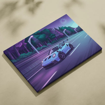 Porsche 911 GT3RS Inspired Neon Night Drive Vaporwave - Sports Car Neon Purple Teal Living Room Dreamy Mood Vaporwave Canvas