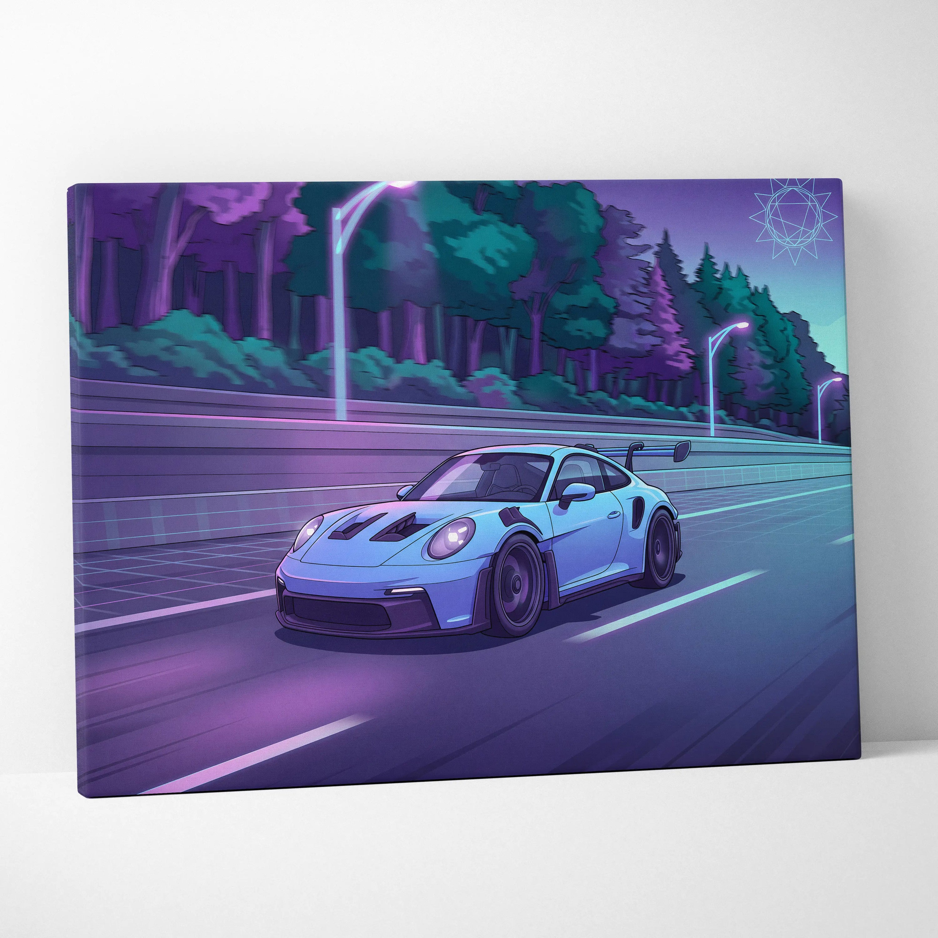 Porsche 911 GT3RS Inspired Neon Night Drive Vaporwave - Sports Car Neon Purple Teal Living Room Dreamy Mood Vaporwave Canvas