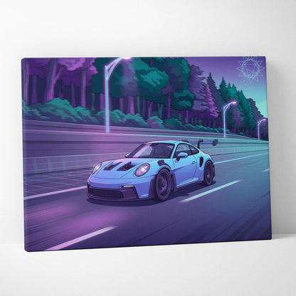 Porsche 911 GT3RS Inspired Neon Night Drive Vaporwave - Sports Car Neon Purple Teal Living Room Dreamy Mood Vaporwave Canvas