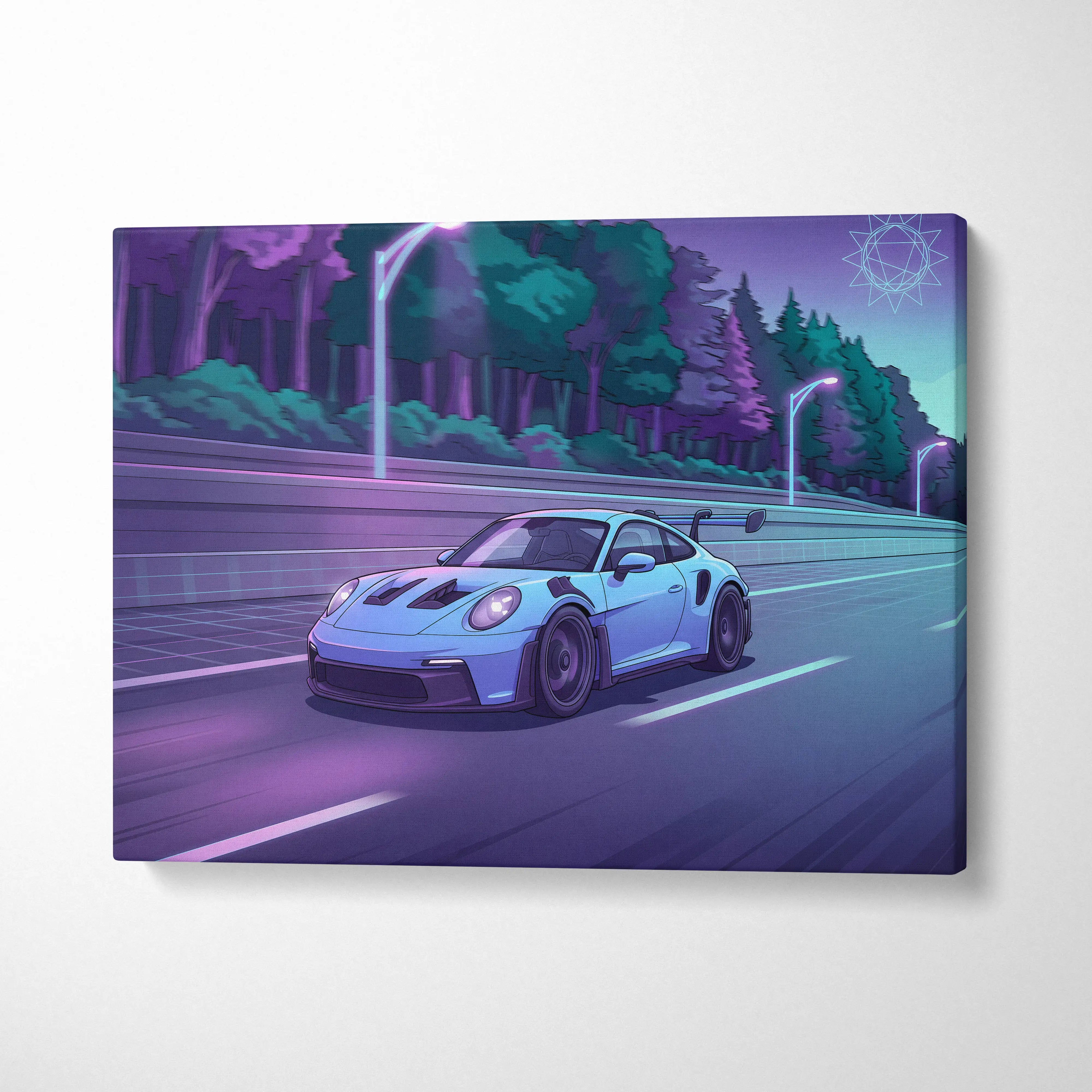 A sleek light blue porsche 911 gt3 racing car in neon purple teal vaporwave digital artwork canvas print