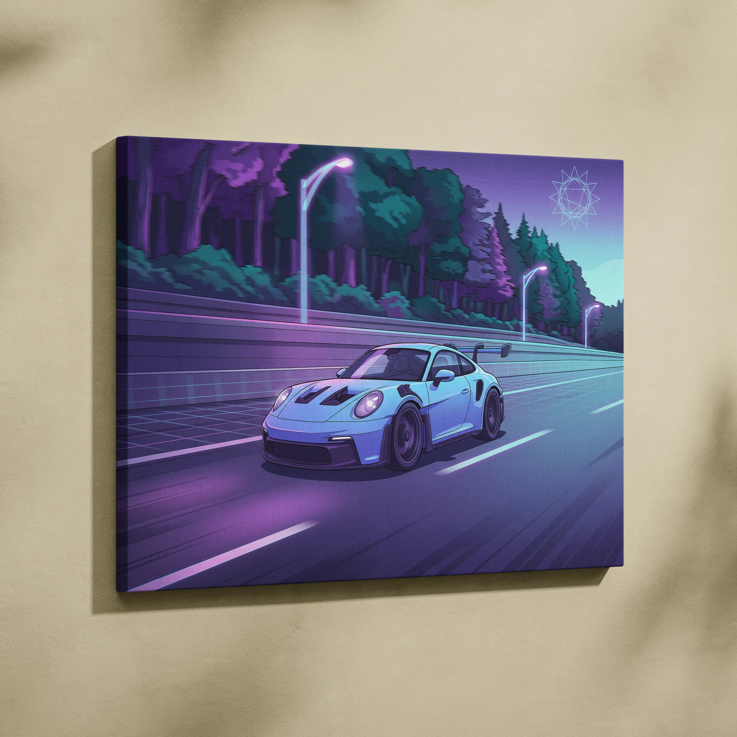 Porsche 911 GT3RS Inspired Neon Night Drive Vaporwave - Sports Car Neon Purple Teal Living Room Dreamy Mood Vaporwave Canvas