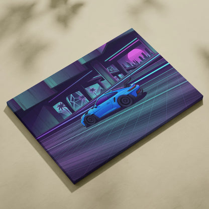 Porsche 911 GT3RS Inspired, Neon Vaporwave City Drive - Neon Purple Blue Living Room Canvas Neon Mood Retro Futuristic Art
