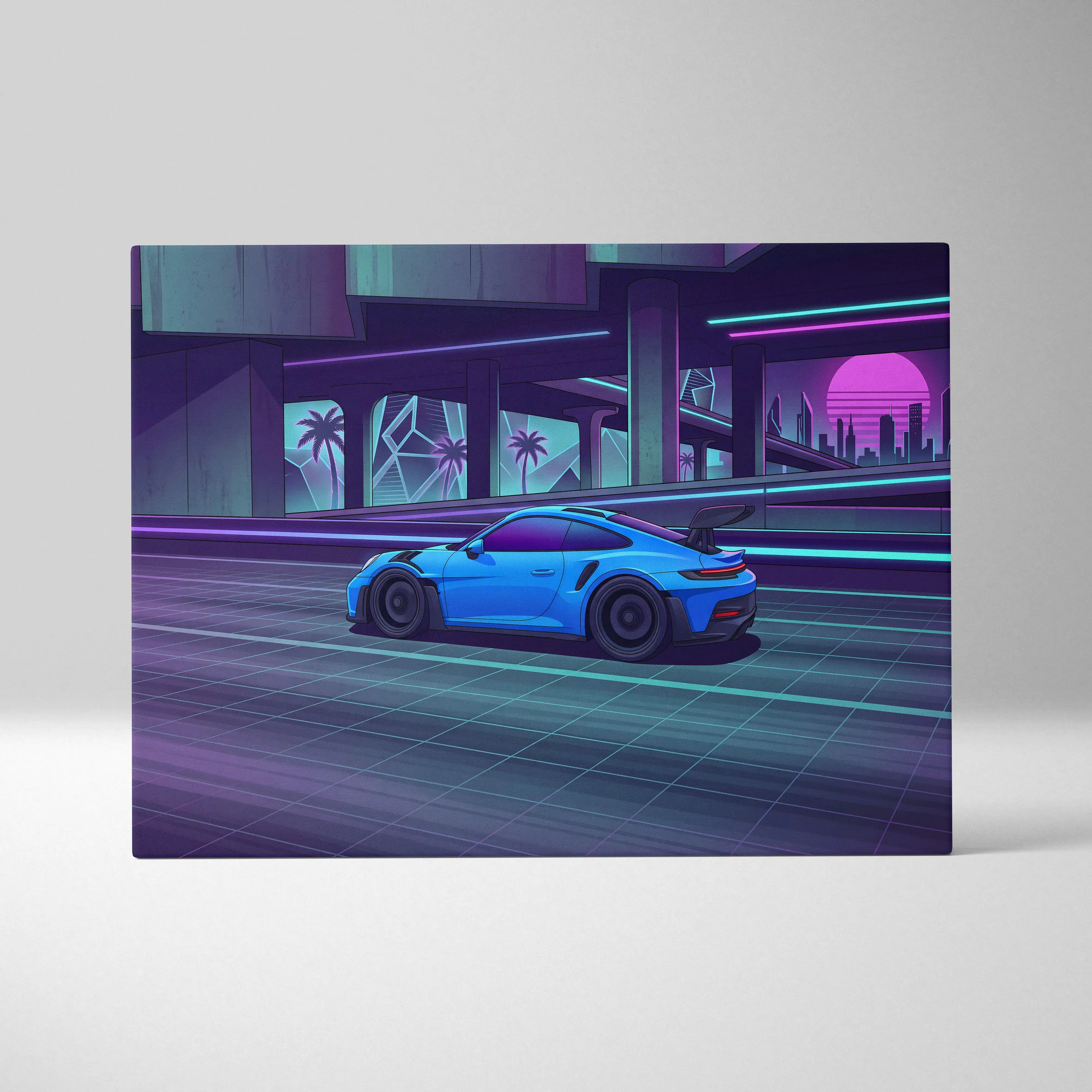 Vibrant blue porsche 911 gt3rs inspired sports car with black racing stripes in neon vaporwave city canvas art