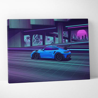 Porsche 911 GT3RS Inspired, Neon Vaporwave City Drive - Neon Purple Blue Living Room Canvas Neon Mood Retro Futuristic Art