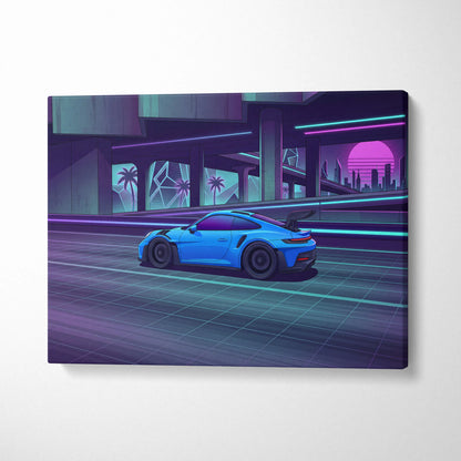 Porsche 911 GT3RS Inspired, Neon Vaporwave City Drive - Neon Purple Blue Living Room Canvas Neon Mood Retro Futuristic Art