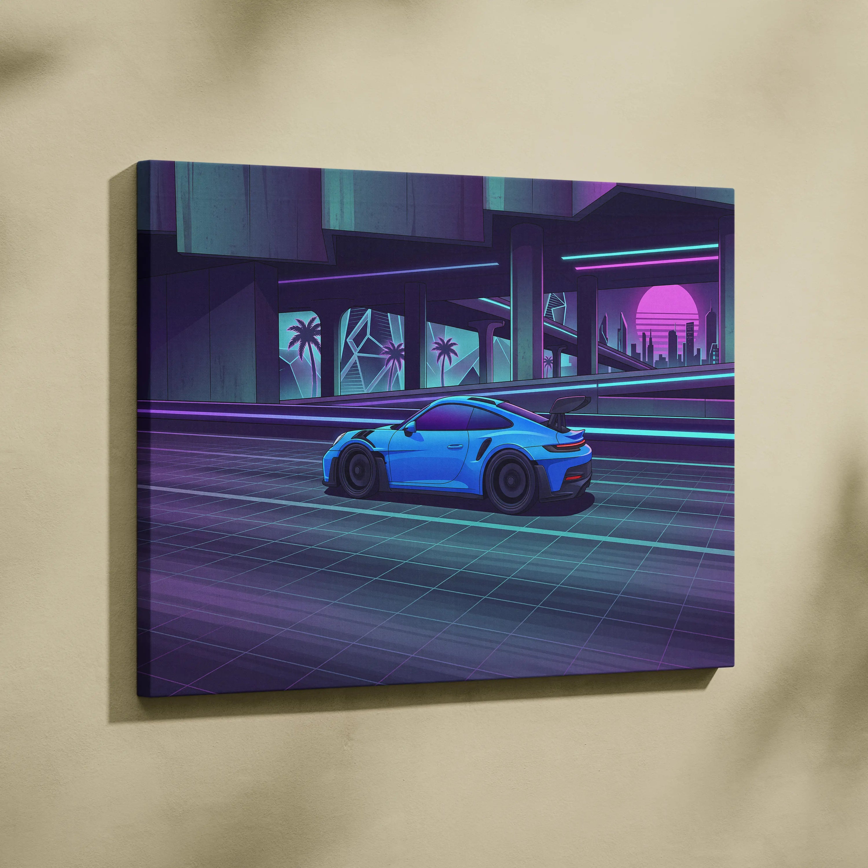 Porsche 911 GT3RS Inspired, Neon Vaporwave City Drive - Neon Purple Blue Living Room Canvas Neon Mood Retro Futuristic Art