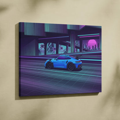 Porsche 911 GT3RS Inspired, Neon Vaporwave City Drive - Neon Purple Blue Living Room Canvas Neon Mood Retro Futuristic Art